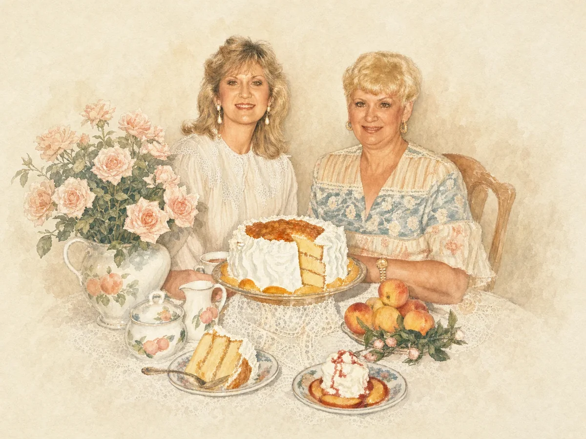 Watercolor portrait of two generations gathered at a family table with a layer cake